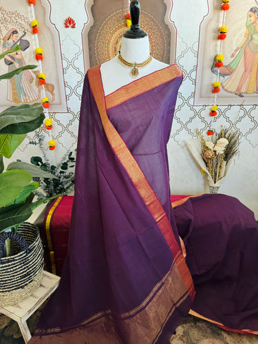 Handwoven Mangalgiri Cotton Saree | Deep Purple | Gold Zari | Ships from California